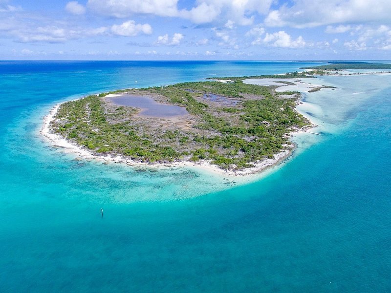 A small cay ringed with white sand and turquoise shallows, seen from the air